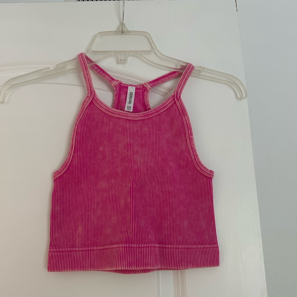 Zenana Ribbed Hot Pink Cropped Bra Tank Top